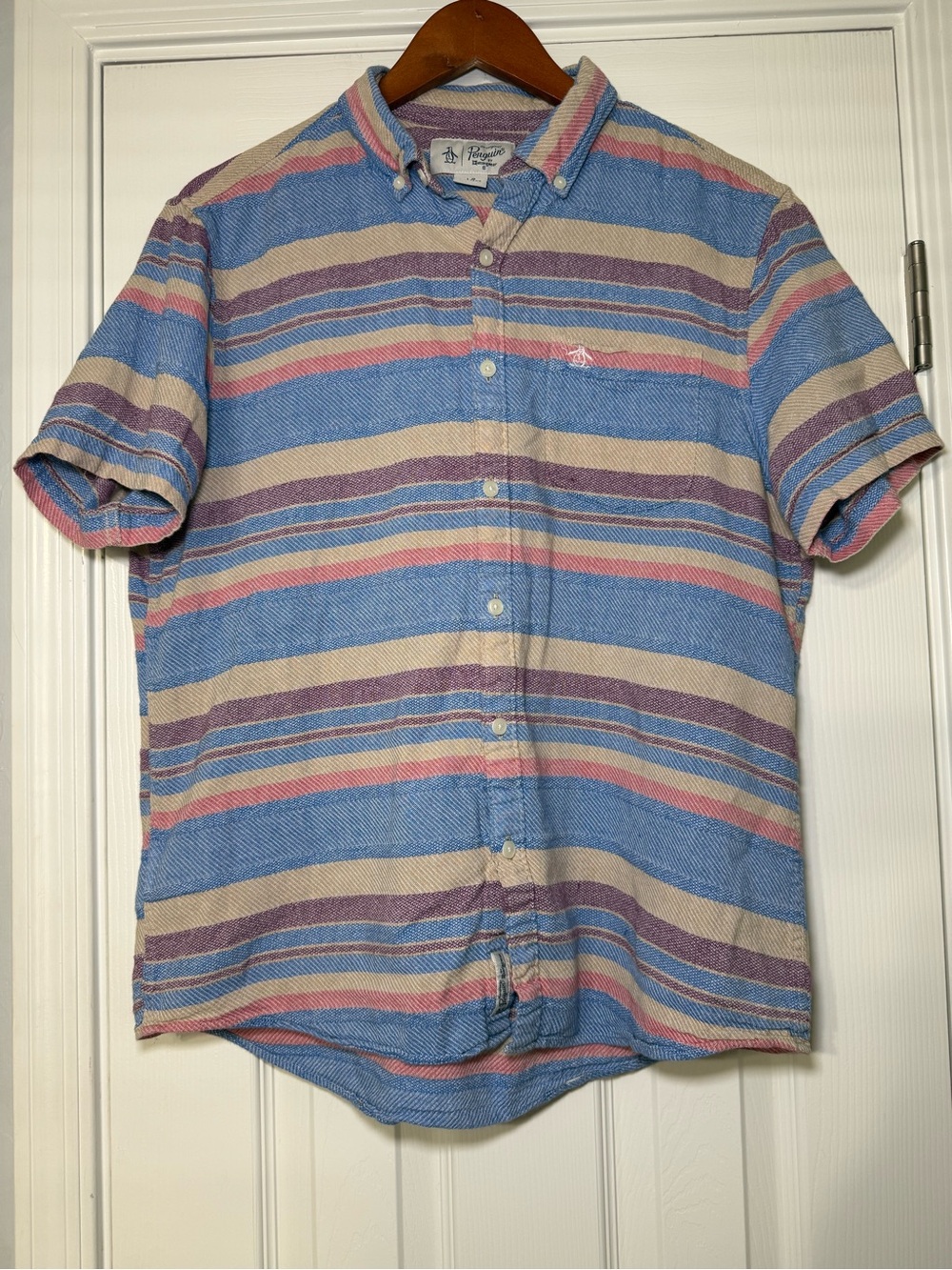 Original Penguin Mens Short Sleeve Button Down Striped multicolor pastel Large